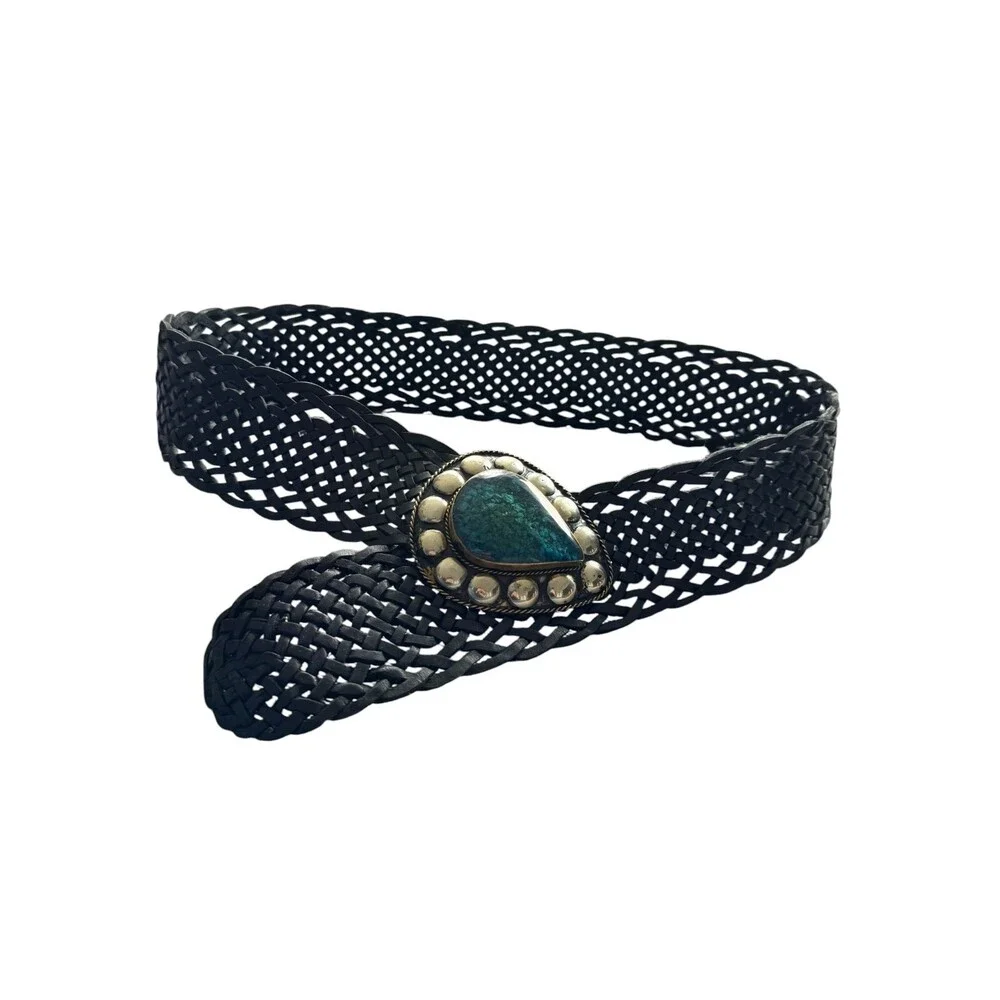 Vintage Black Braided Leather Extra Wide Statement belt Malachite Turquoise
